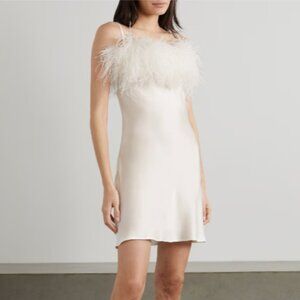 Feather-trimmed satin white mini dress / sleeper